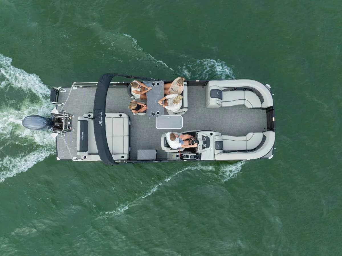 Overhead view showing the Cabrio C24UE Ultra Entertainer layout underway